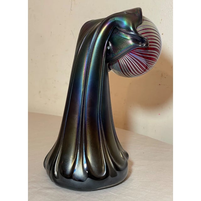Blue 1980s Rare Hand Blown Aurene Iridescent Rainbow Glass Vase Holding Sphere Sculpture For Sale - Image 8 of 16