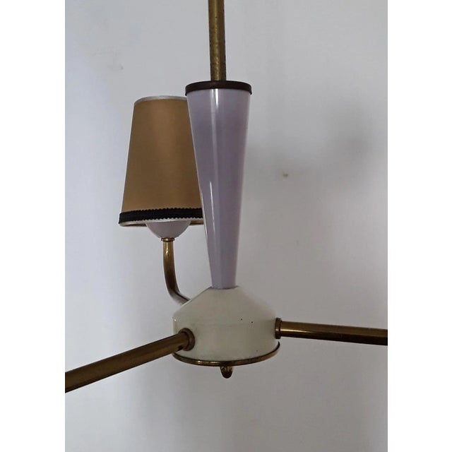 Vintage Purple, White, Beige, and Brass 3-Arm Ceiling Lamp, 1960s, in Good conditions. Designed 1960 to 1969 European Plug...