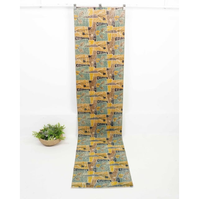 1970s Vintage Turkish Handmade Wool Cotton Green Yellow Runner Rug For Sale - Image 11 of 11