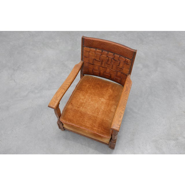 Art Deco Oak Lounge Chair with Woven Leather Back and Ochre Velvet, Belgium, 1920s For Sale - Image 13 of 15