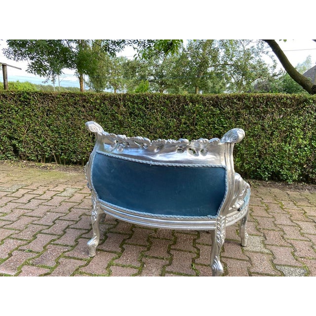 1970s French Louis XVI Blue Silver Beech Settee 1 Pc For Sale - Image 12 of 15
