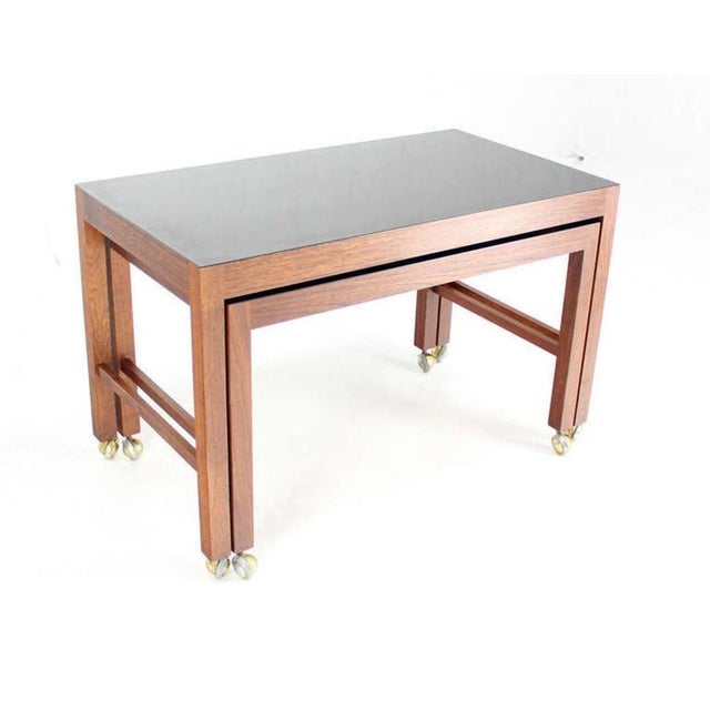 Kipp Stewart Pair Set Danish Mid Century Modern Walnut Base Black Laminate Nesting Table MINT For Sale - Image 4 of 4