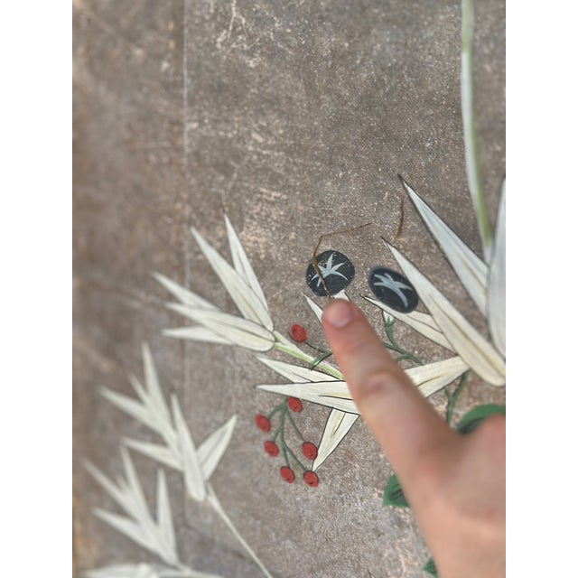 Antique Hand-Painted Japanese Four-Panel Screen With Birds and Bamboo Motif For Sale In Oklahoma City - Image 6 of 12