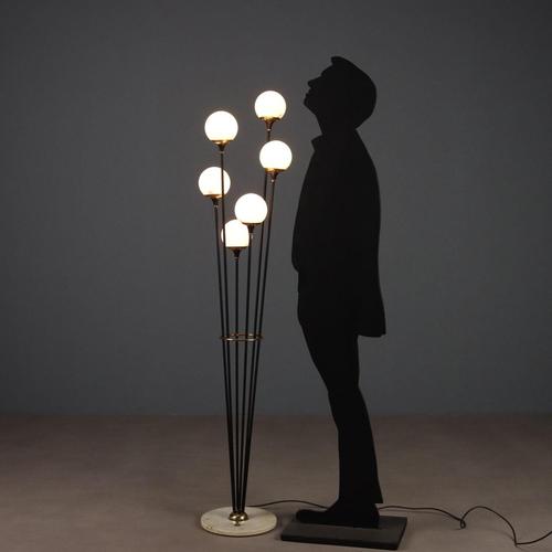 Vintage floor lamp of Italian manufacture and produced in the 1960s with marble base, black enamelled metal stems with...