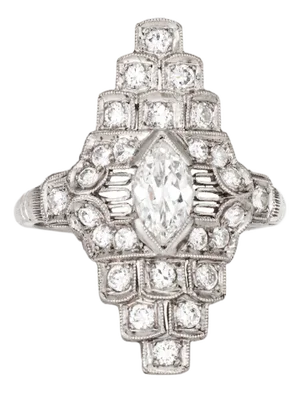 Vintage Art Deco Diamond Ring Size 5 Platinum Navette Cocktail Fine Estate Jewelry