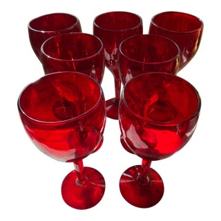 Vintage Ruby Red Handblown Glass Water Goblets Set of 6 For Sale
