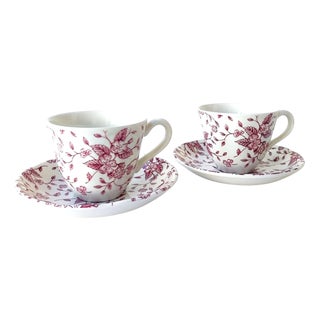 Vintage English Grindley Cups with Royal Bouquet Decor in Bordeaux Pink from Royal Tudor, Set of 2 For Sale