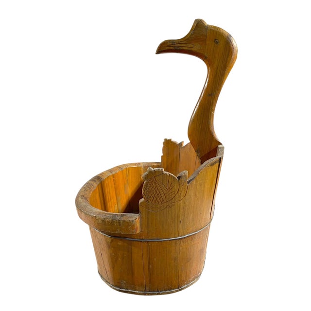 Chinoiserie Boho VTG Wood Mandarin Duck Basket /Bucket 22.5" H For Sale - Image 4 of 7