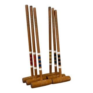 1970s Painted Band Wood Croquet Mallets-Set of 6 For Sale