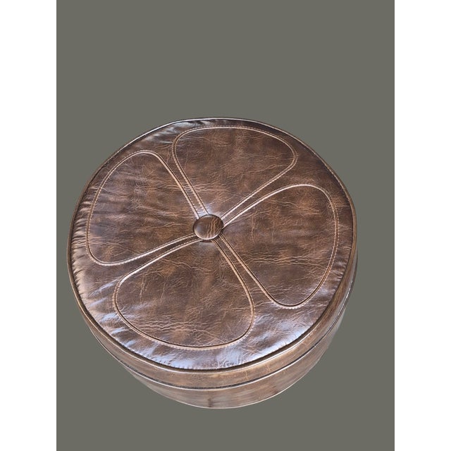 Mid-Century Modern 1960s Retro Mid-Century Modern Brown Leatherette Daisy Top Ottoman Foot Stool on Wheels For Sale - Image 3 of 9