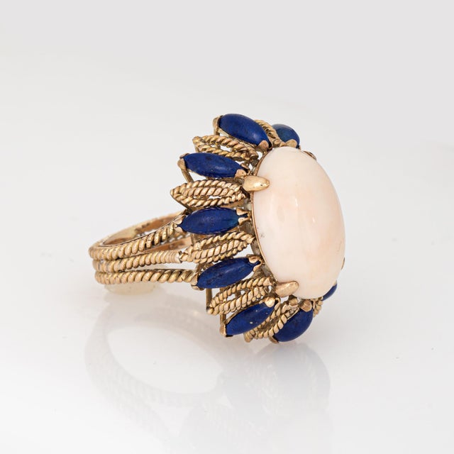 1960s Angel Skin Coral Lapis Lazuli Ring Vintage 14k Gold Cocktail Jewelry, Size 7.75 For Sale - Image 4 of 7