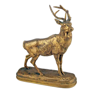 Patinated Bronze Sculpture 'Listening Stag' by Romantic Author and Sculptor Antoine-Louis Barye and Produced by F. Barbedienne Fondeur