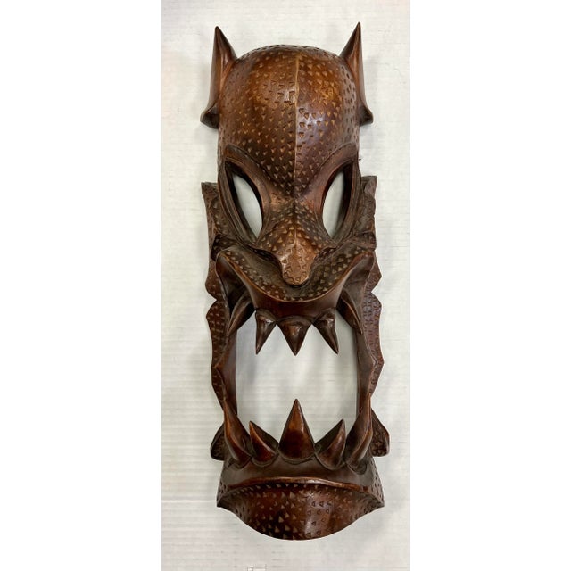 Asian Carved Wood Demon Mask Wall Sculpture Hanging Chairish