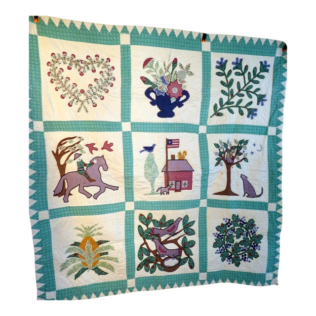 Modern Pictorial Baltimore Album Style Hand-Appliquéd Wall Quilt For Sale