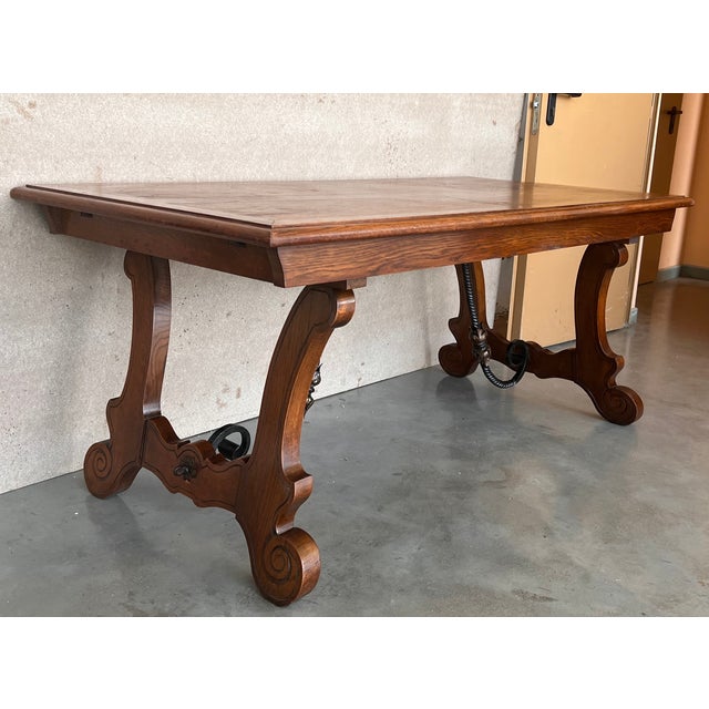 20th Century Spanish Oak Lyre Legs Trestle Dining Farm Table For Sale - Image 10 of 12