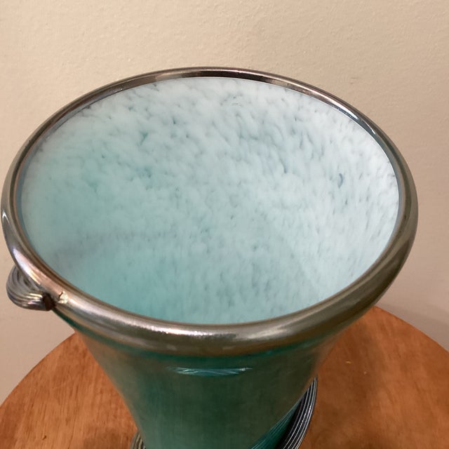 Teal Vintage Deep Teal Murano Studio Art Glass Trumpet Vase With Spiraling Accent Signed by Artist For Sale - Image 8 of 12