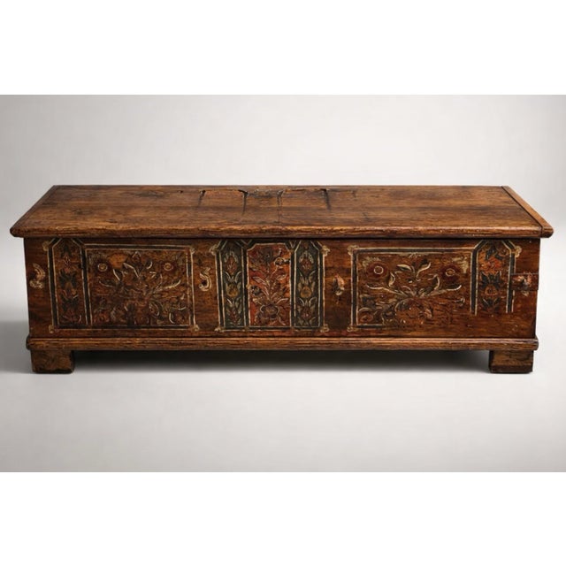 Austrian extra long handpainted storage trunk with fabulous color and patina. Original paint. Functional hinged lid with...