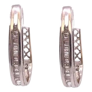 14 Karat White Gold Diamond Half Hoop Latch Back Earrings For Sale