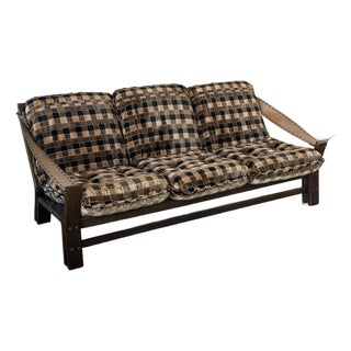 Vintage Italian Checkered Sofa With Leather Straps For Sale