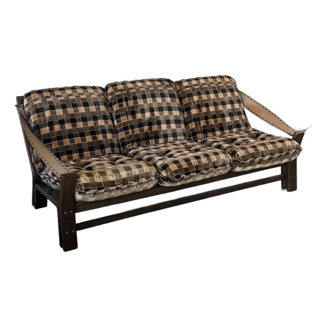 Vintage Italian Checkered Sofa With Leather Straps For Sale