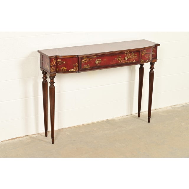Maitland - Smith Maitland Smith English Regency Chinoiserie Hand-Painted Red Lacquered Console Table For Sale - Image 4 of 14