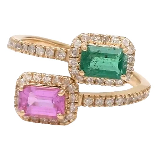 Natural 0.67 cts Zambian emerald and 0.73 cts sapphire ring in 14k gold For Sale