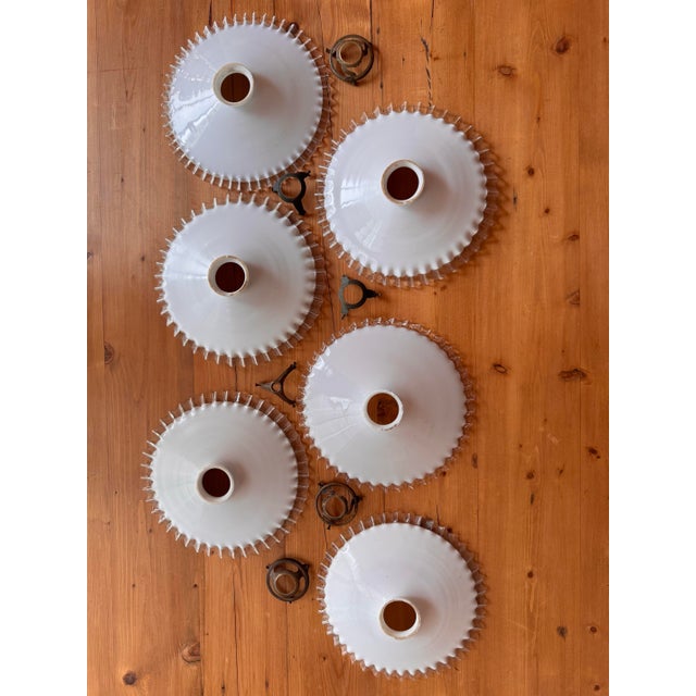 Metal Early 20th Century French Hand-Blown Opaline Glass Pendant Shade W/ Scalloped Edge For Sale - Image 7 of 11