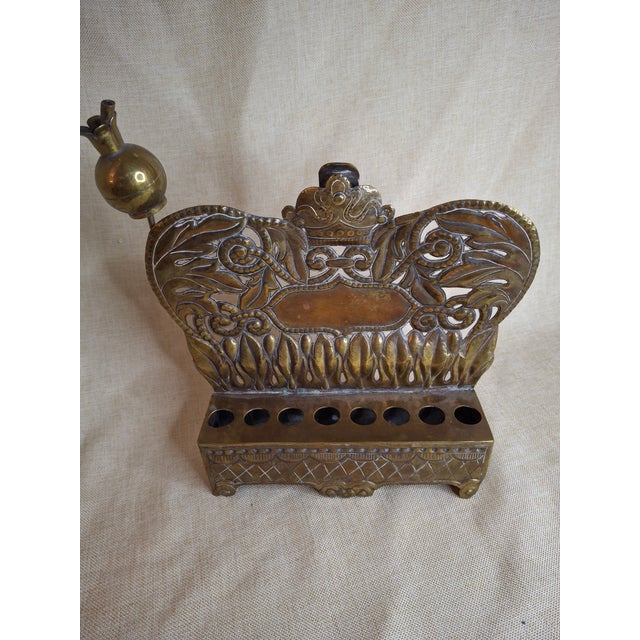 Mid 19th Century Rare 19thC Polish Brass Hanukkah Menorah Oil Lamp Crown Lions Judaica For Sale - Image 5 of 12