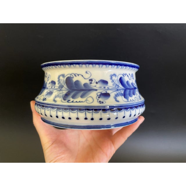 Vintage Gzhel Porcelain Lidded Trinket Box With Woman Play Guitar Finial For Sale - Image 10 of 13