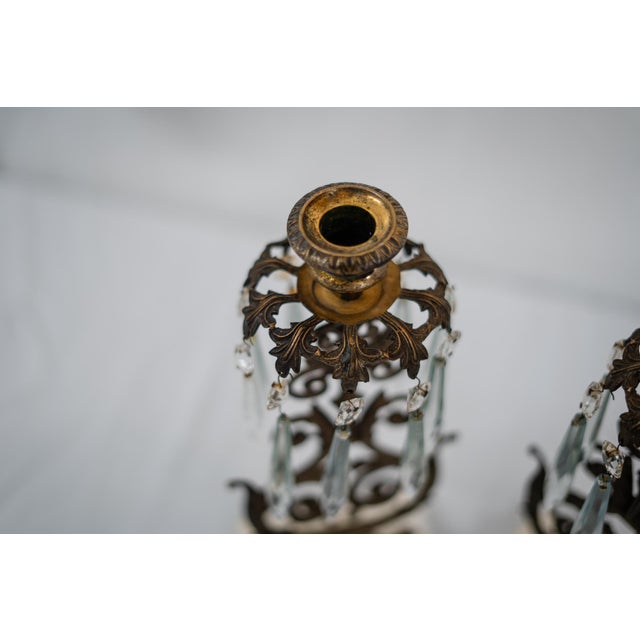 1950s Hollywood Regency Bronze and Crystal Candelabra Pair on Marble Base. For Sale - Image 4 of 8