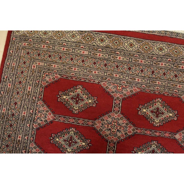 Bokhara Jaldar Rug 4’1” X 6′ Red Wool Tribal Hand-Knotted Oriental Carpet For Sale In Philadelphia - Image 6 of 12