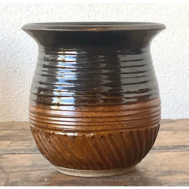 Vintage Original Studio Pottery Scored Vase For Sale - Image 4 of 12
