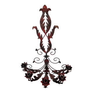 Monumental Mid-20th Century Spanish Revival Red Wrought Iron 5-Light Wall Sconce — 3 Feet Tall For Sale