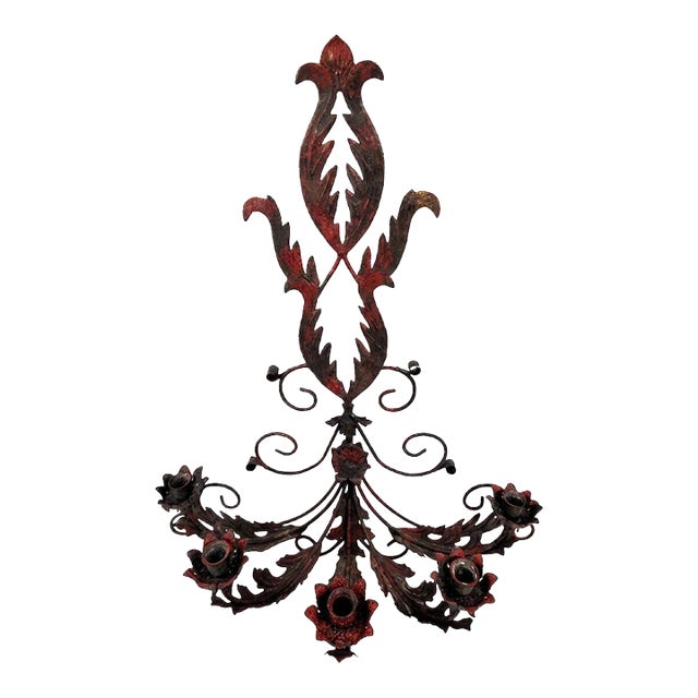 Monumental Mid-20th Century Spanish Revival Red Wrought Iron 5-Light Wall Sconce — 3 Feet Tall For Sale