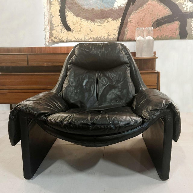 Set of P60 Lounge Chair and Ottoman in Black Leather attributed to Vittorio Introini for Saporiti, 1962 For Sale - Image 6 of 9