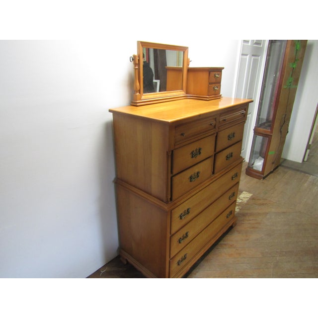 Item 86978: Empire Furniture solid maple high chest of drawers with mirror. Age: 1970's. Details: Dovetailed drawers....