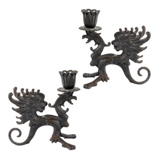 Pair of Midcentury Cast Iron Dragon Candleholders For Sale