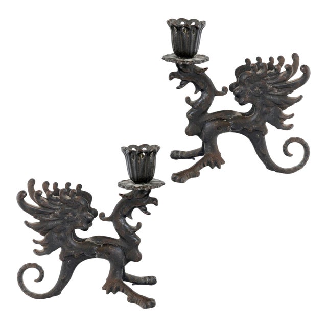 Pair of Midcentury Cast Iron Dragon Candleholders For Sale