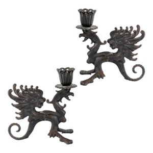 Pair of Midcentury Cast Iron Dragon Candleholders