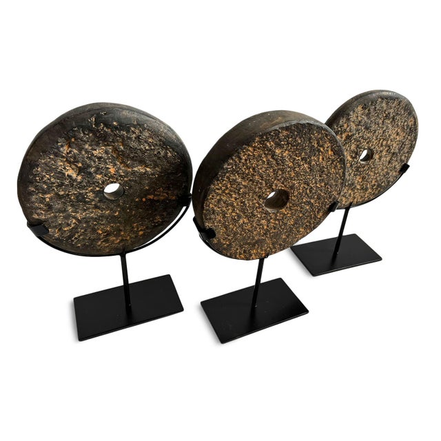 Vintage Modern Rustic Black Stone Chiseled Disk on Stand Small For Sale In Los Angeles - Image 6 of 7