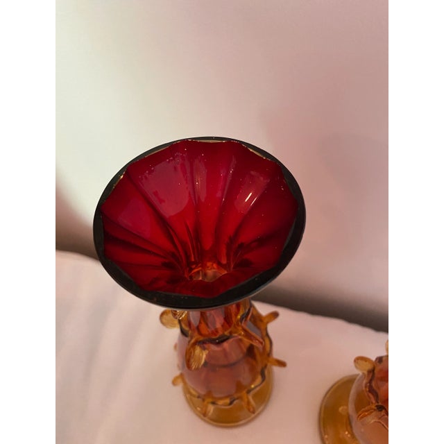 Glass Vintage Amberina Glass Vases With Rigaree - a Pair For Sale - Image 7 of 11