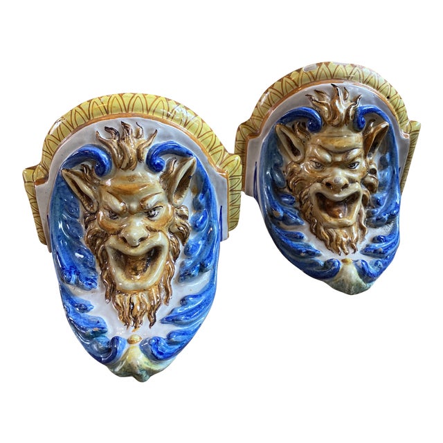 Vintage Cantagalli Satyr Majolica Wall Brackets - a Pair For Sale