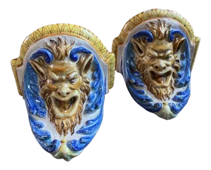 Vintage Cantagalli Satyr Majolica Wall Brackets - a Pair
