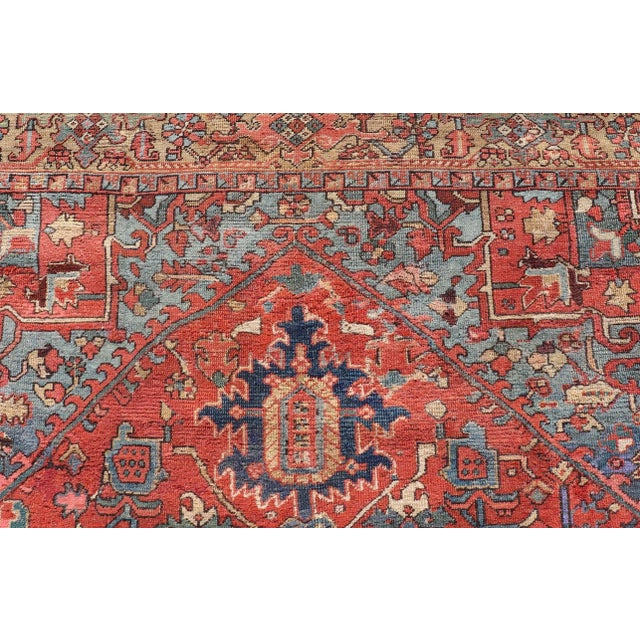 Red Early 20th Century Antique Persian Heriz Rug in Wool With Geometric Medallion Design in Jewel Tones For Sale - Image 8 of 13