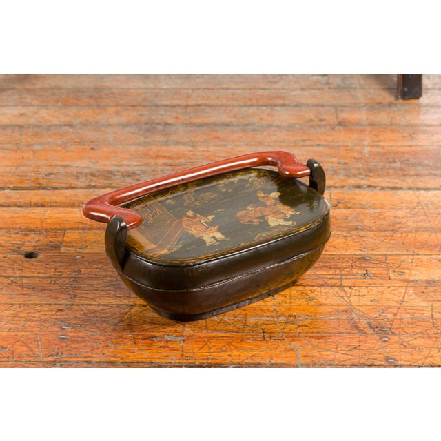 Chinese Vintage Black Lacquer Lidded Box with Hand-Painted Chinoiserie Décor For Sale - Image 4 of 12