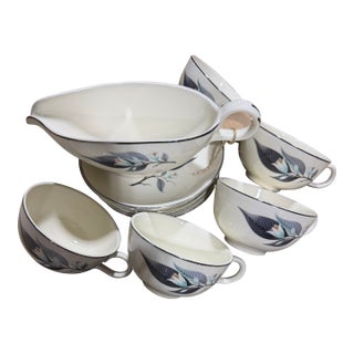 1950s Mid-Century Modern Homer Laughlin “Lotus Hai” Tea Cups, Saucers, Gravy Boat - 11 pcs For Sale