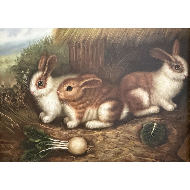Vintage R Mario Oil Painting Three Rabbits Bunnies Farmhouse Art Gold ...