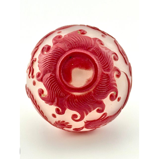 Chinese Peking Glass Snuff Bottle-Carved Red Cameo Overlay Dragon & Phoenix Design, 19th Century For Sale - Image 9 of 9