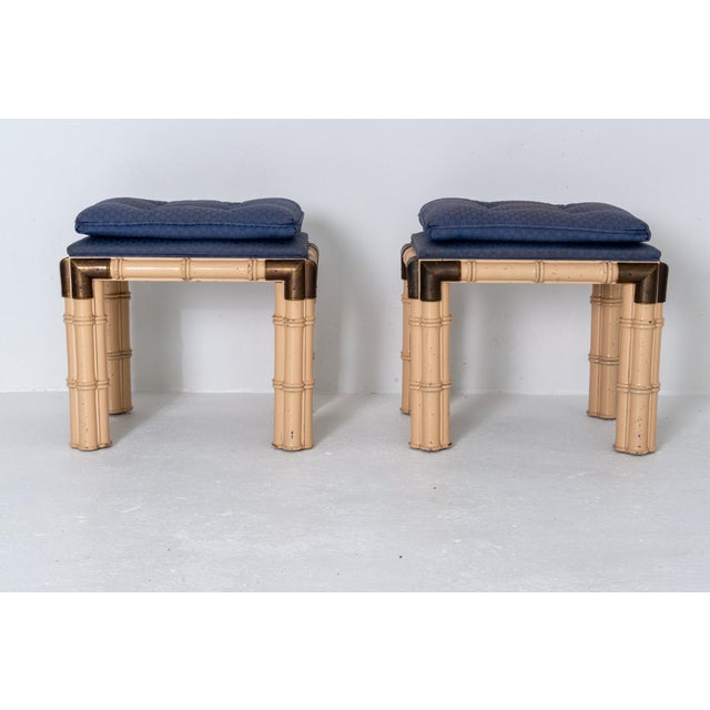 Billy Baldwin Style Mid-Century Modern Faux Bamboo & Brass Upholstered Benches 1960s For Sale In New York - Image 6 of 13