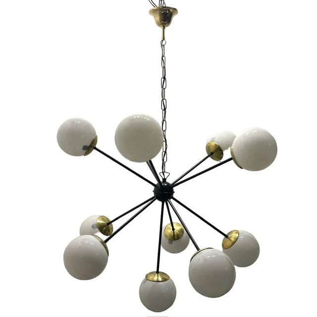 Large Black Metal, Brass & Opaline Glass Sputnik Chandelier, 1990s For Sale - Image 11 of 11